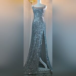 B. Smart Silver Sequin Gown with Slit Size 11